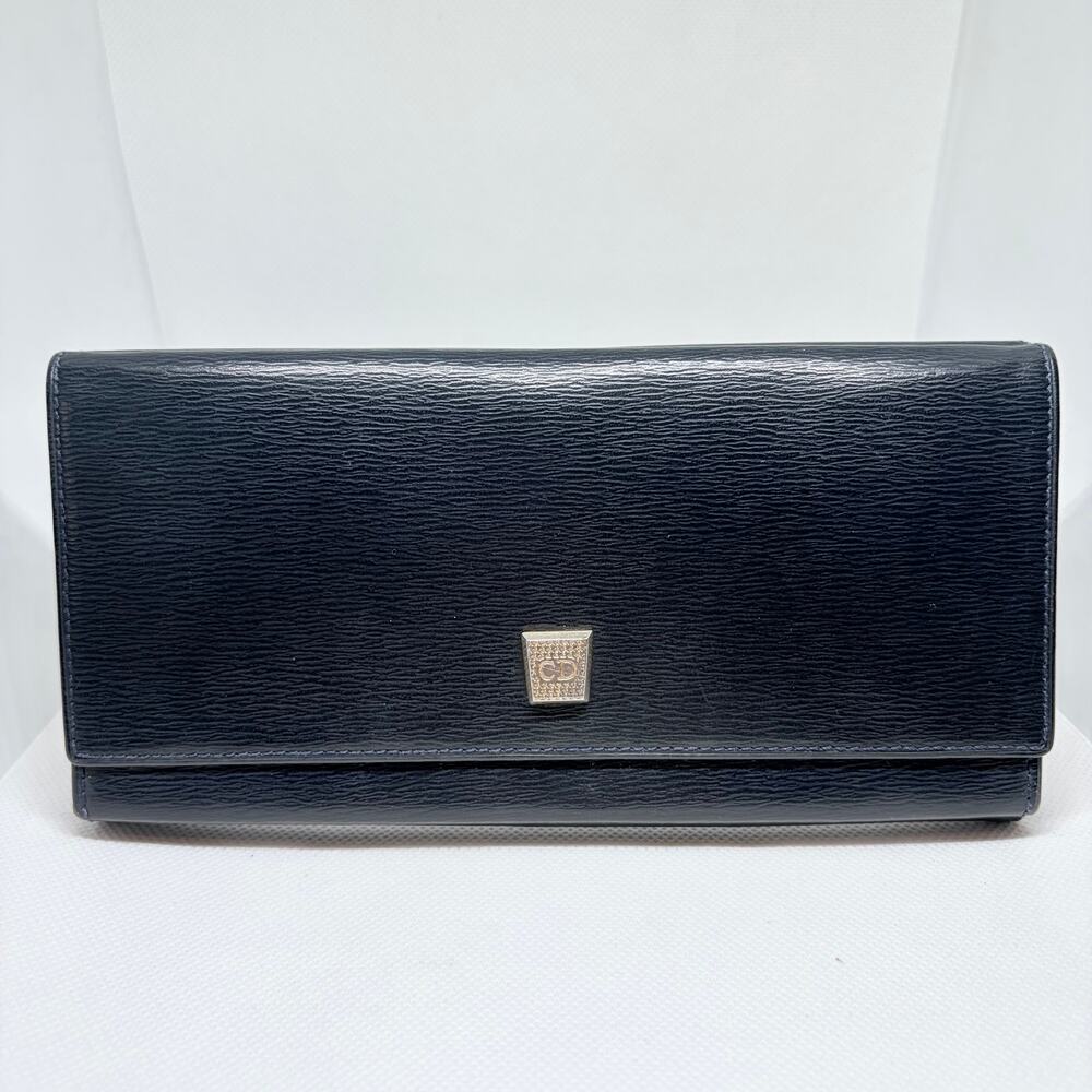 Authentic Christian Dior Vintage Navy Blue Textured Leather Long Wallet Spain